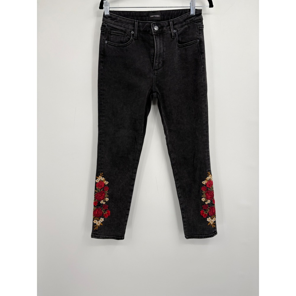 Driftwood Gizelle Black Floral Embroidered Skinny Jeans W26 Rose